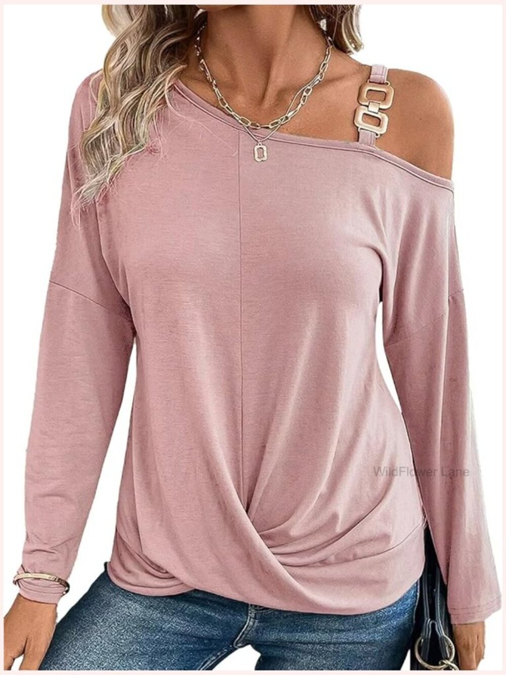 One Shoulder Asymmetrical Long Sleeve Twist Hem Blouse T-Shirt